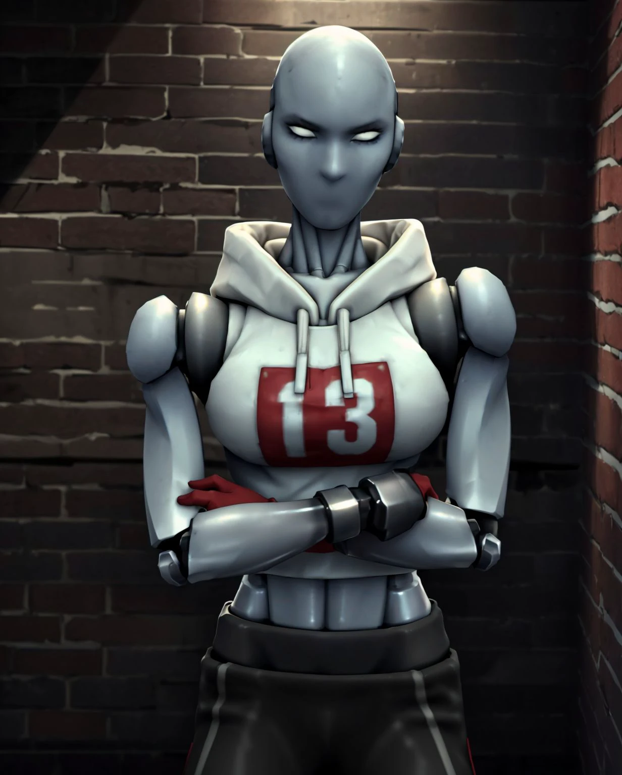 (intricately detailed, best quality, high resolution, highly detailed skin:1.4),
looking at viewer, (black stone brick wall, spotlight:1.2), <lora:gr373lTS-10(1):0.8> gr373lts, (feminine robot, mecha, robot joints:1.2), white eyes, bald, mouthless, (short red gloves, white "13" hoodie, track pants, polished chrome skin:1.2), <lora:Mouthless_V1.2:1>, upper body, (arms crossed:1.4),