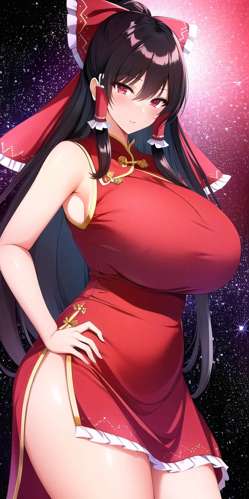 <lora:ReimuV3:0.7> hakureireimu, huge_breasts, standing, solo, china_dress, starry_sky,, masterpiece, best quality, detailed face, detailed eyes, highres,