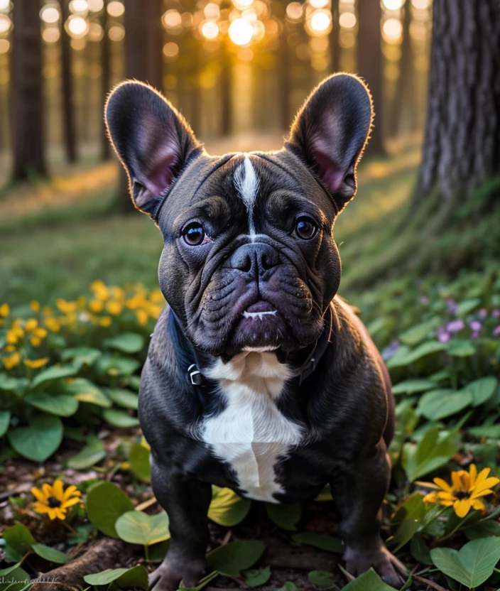 fr3nb7, Enchanted forest, spectacular light, upper body, Leaves, sunset, foglie, Colorful flowers, close portrait photo, Twilight, firelies, Green meadow, Ultra-HD-details, 200mm f/1.4