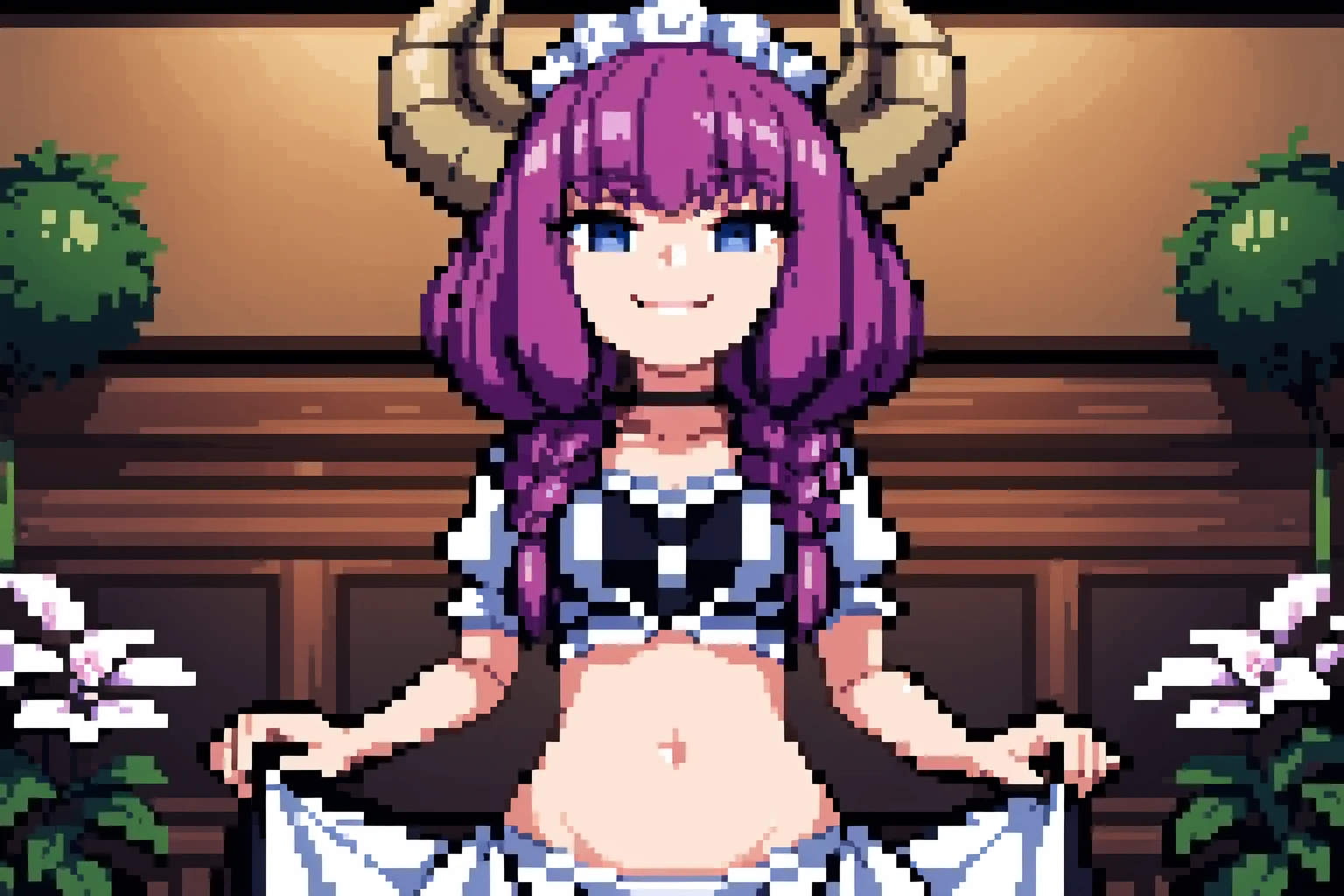 best quality,masterpiece,1girl,(solo:1.1),raytracing,ultra detailed,detailed face,8k wallpaper,wide hips,<lora:more_details:0.5>,indoor,danntoudainoaura,<lora:aura.v1.5:1>,demon horns,demon girl,twin braids,danntoudainoaura,1girl,solo,demon horns,demon girl,navel,long hair,twin braids,maid,maid headdress,smile,garden,skirt hold