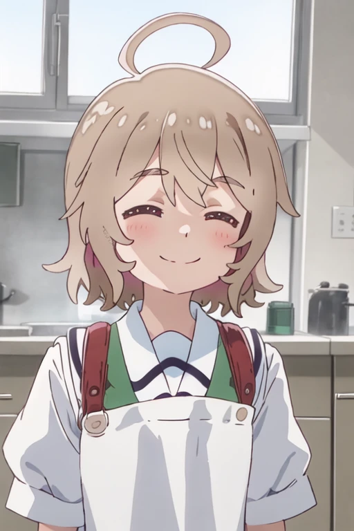 best quality, masterpiece, highres, solo, {kanon_konomori_watashinitenshigamaiorita:1.15}, blush, brown_hair, smile, short_hair, ahoge, bangs, brown_eyes, closed_mouth, closed_eyes, shirt, multiple_girls, school_uniform, white_shirt, 2girls, apron, green_apron, head_scarf, solo_focus, upper_body, facing_viewer, short_sleeves