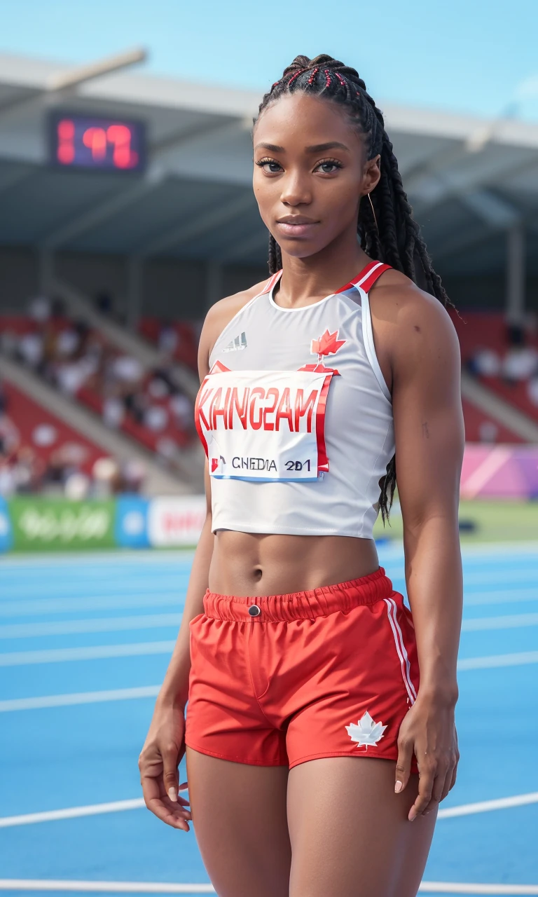 khamb2024, 1girl, best quality, masterpiece, 5 fingers, depth of field, full body, 5 fingers, raw photo, photorealistic, dark skin, standing, track and field, shorts, team canada, red shirt, red shorts,