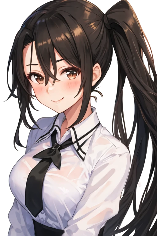 best quality, masterpiece, highres, solo, {nachi_kantaicollection:1.15}, long_hair, black_hair, side_ponytail, brown_eyes, blush, hair_between_eyes, very_long_hair, breasts, 1girl, collared_shirt, shirt, upper_body, white_shirt, simple_background, white_background, long_sleeves, looking_at_viewer, dress_shirt, smile