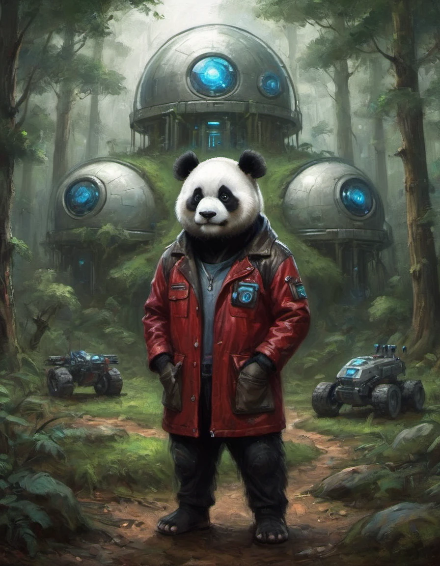 a panda scientist wearing a leather red jacket in a forest in front of his sci-fi research dome