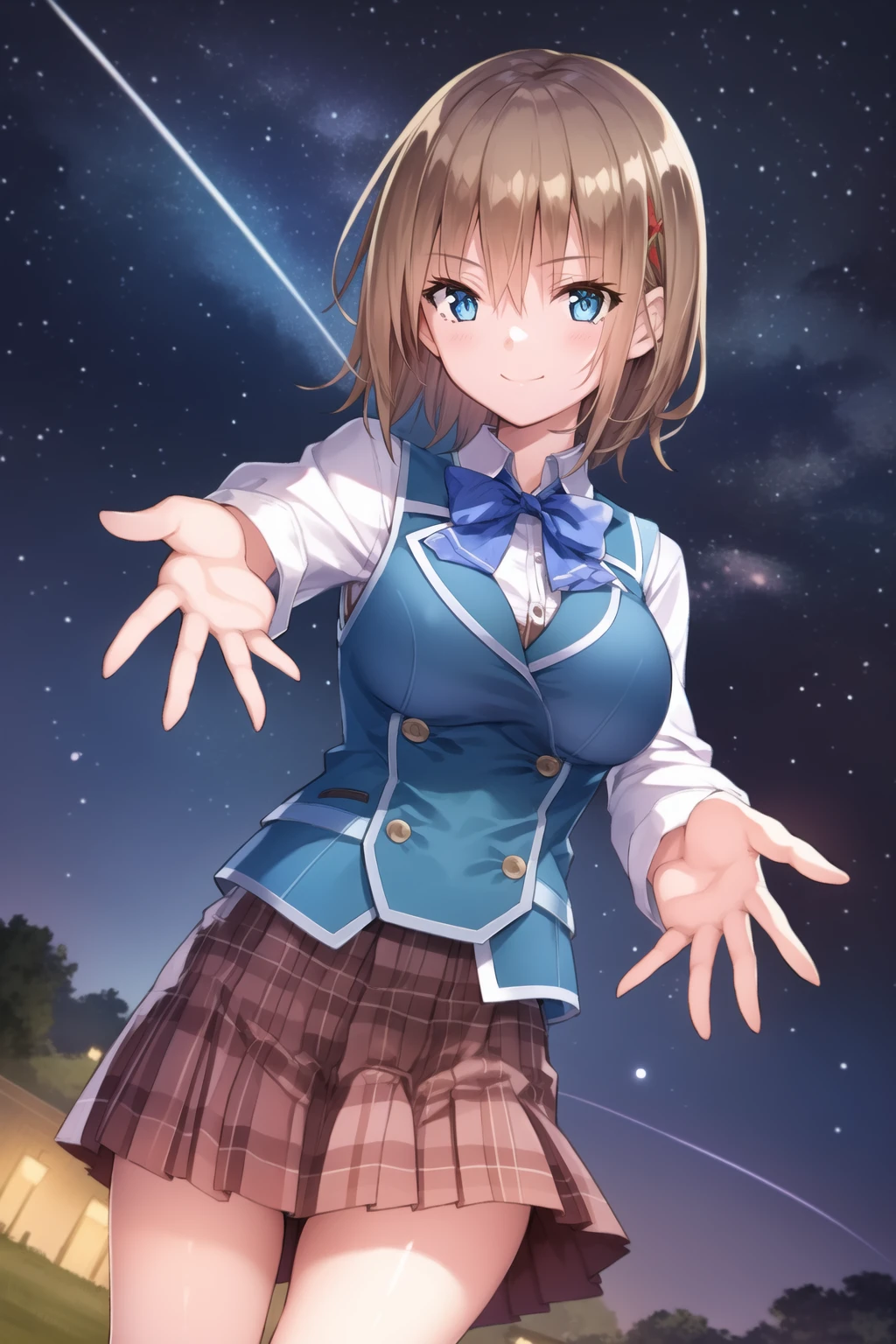 1girl, solo, skirt, star \(sky\), starry sky, sky, smile, looking at viewer, (brown hair), plaid, plaid skirt, bow, shirt, short hair, white shirt, vest, bangs, pleated skirt, bowtie, long sleeves, hair between eyes, school uniform, night, red skirt, blue eyes, smartphone, standing, collared shirt, outdoors, holding, cloud, blue bow, night sky, dutch angle, breasts, outstretched arm, shooting star, closed mouth, miniskirt, <lora:hbr:0.8>