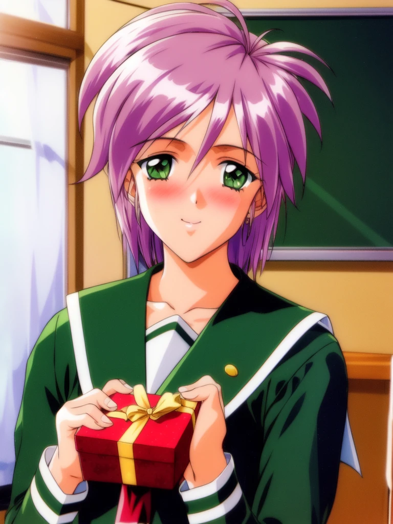 <lora:Yae_Kaori:1>, YaeKaori, 1girl, solo, school uniform, gift, holding, holding gift, 1990s (style), smile, blush, retro artstyle, box, gift box, long sleeves, upper body, green shirt, serafuku, class_room,
masterpiece, high quality, very_high_resolution, large_filesize, full color,