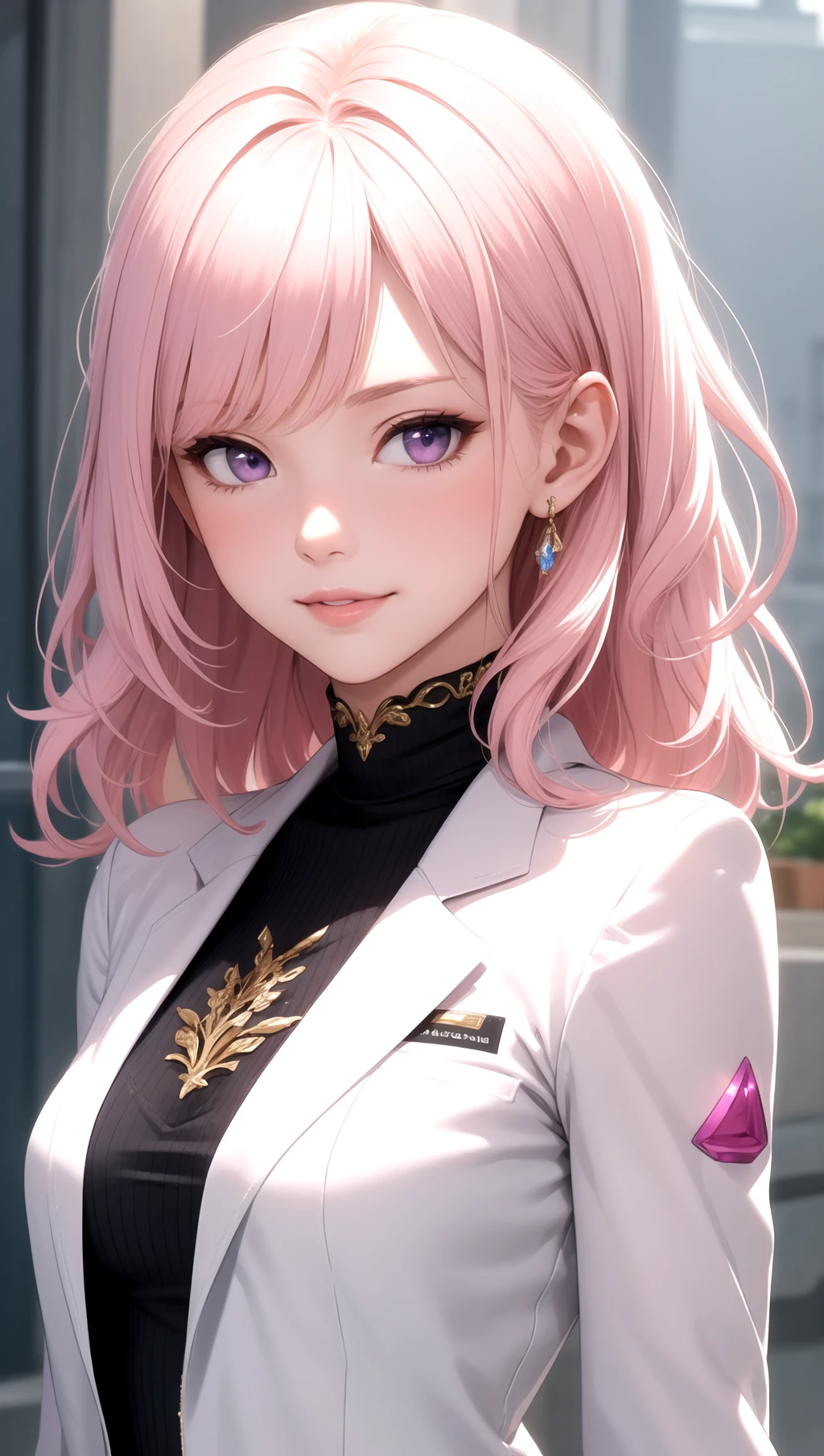 (masterpiece, best quality), intricate details, thin, ((slim)), beautiful girl, Light pink hair, white skin, light purple eyes, sharp jawline, cropped jacket, messy hair, lips, upper body, smirk