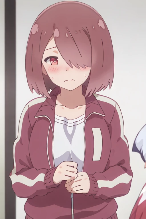 best quality, masterpiece, highres, solo, {miyako_hoshino_watashinitenshigamaiorita:1.15}, brown_hair, short_hair, blush, hair_over_one_eye, red_eyes, bangs, closed_mouth, 1girl, closed_eyes, jacket, track_jacket, upper_body, collarbone, sweatdrop, wavy_mouth