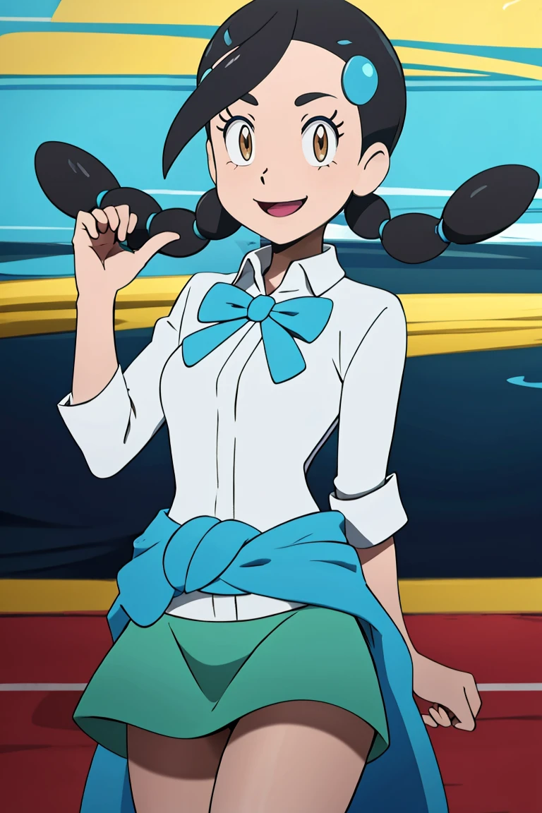 <lora:Alola_Style:0.65>,((masterpiece,best quality)), absurdres, <lora:Candice_Pokemon:0.8>, Candice_Pokemon,  hair ornament, twintails,  hairclip, striped socks, bowtie,  sweater around waist, brown skirt,  solo, smiling, looking at viewer, cowboy shot