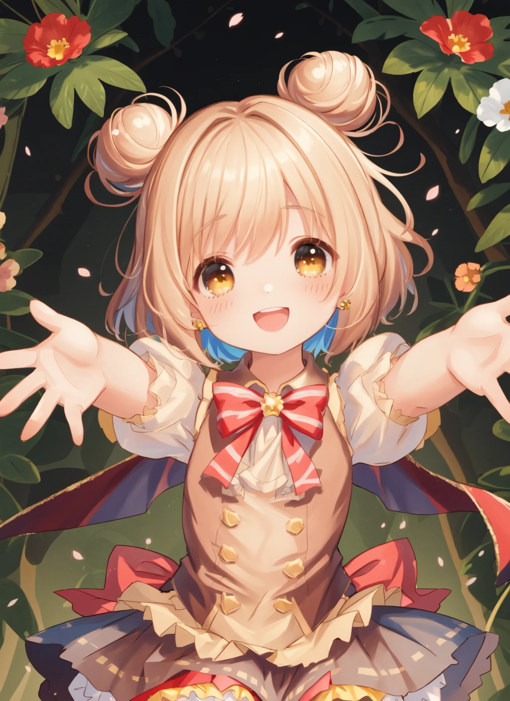 <lora:portulaca (fkg):1> masterpiece, best quality, portrait, upper body, portulaca \(fkg\), 1girl, short hair, double bun, shirt, short sleeves, puffy sleeves, vest, bow, wrist cuffs, multicolored skirt, frilled skirt, bloomers,  jewelry, thighhighs, asymmetrical legwear, mismatched legwear, red footwear, forest, cherry blossoms, dappled sunlight, hdr, outstretched arms, incoming hug, happy, smile, open mouth