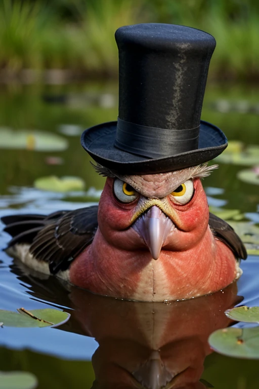 ugly bird, angry, in a pond, closeup, glasses, top hat,