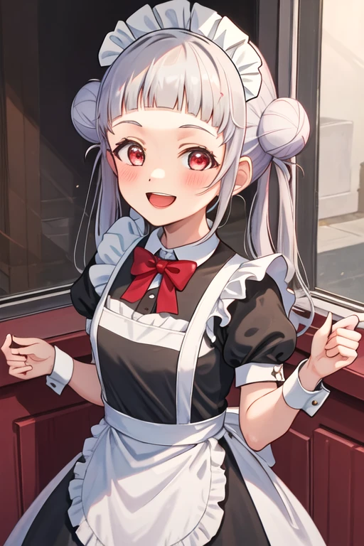 best quality, masterpiece, highres, solo, {maid:1.40}, {long maid dress:1.15}, {arashi_chisato_lovelivesuperstar:1.15}, bangs, white_hair, hair_bun, double_bun, red_eyes, smile, blush, twintails, long_hair, blunt_bangs, open_mouth