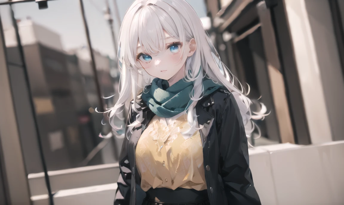 finely detail, Depth of field,best quality, illustration,highres,intricate detail, an extremely delicate and beautiful,
1girl, long hair, shirt, yellow shirt, (namess koishi:0.4), disheveled hair, breasts black jacket, black sleeves,white hair, green scarf, blue eyes, ,skirt,
city, <lora:20240107-1704597280257-0013:0.75>