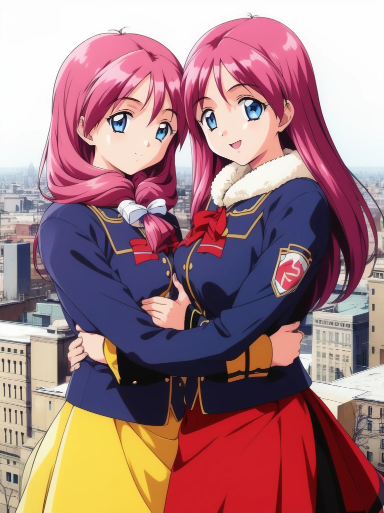 <lora:Shirayuki_Miho_Maho:0.8>, shirayuki, 2girls, multiple girls, twins, smile, siblings, sisters, blue eyes, long sleeve, skirt, retro artstyle, twins, long hair, 1990s (style), breasts, siblings, short height,
BREAK, hug, cheek-to-cheek, looking at viewer, city, day,
masterpiece, high quality, very_high_resolution, large_filesize, full color,