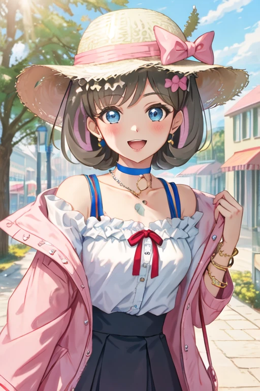 best quality, masterpiece, highres, solo, {tang_keke_lovelivesuperstar:1.15}, short_hair, bangs, blue_eyes, grey_hair, smile, blush, ribbon, neck_ribbon, red_ribbon, 1girl, bow, bracelet, choker, flower, hair_ornament, hat, jewelry, looking_at_viewer, necklace, straw_hat, sun_hat, blue_choker, collarbone, hair_flower, hat_bow, pink_bow, open_mouth, upper_body