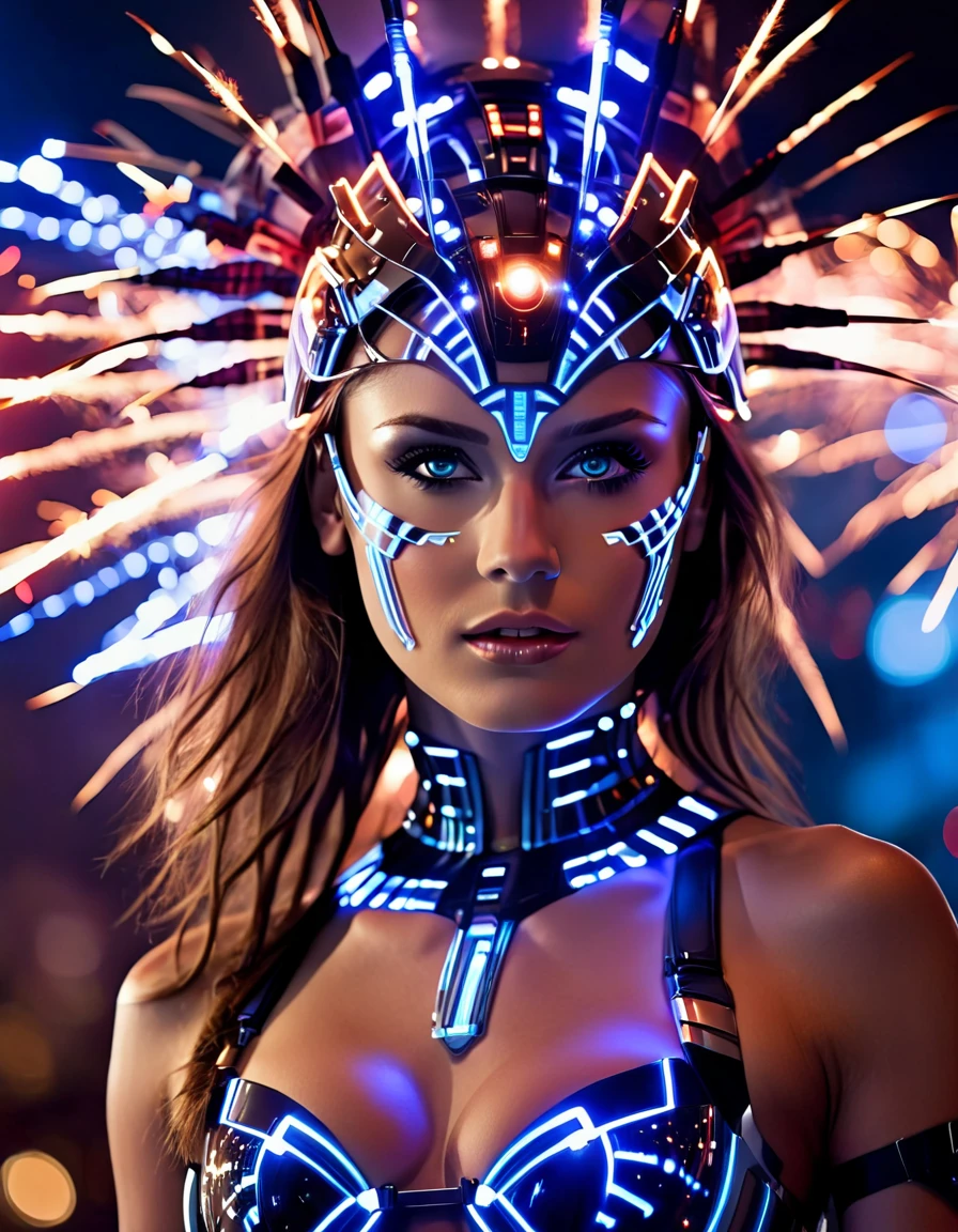 cinematic photo 1girl, cyborg, looking at viewer, jewelry, dark skin, medium breasts, blue eyes, brown hair, long hair, dark-skinned female, parted lips, upper body, headgear, cleavage, eyelashes, nose, fireworks, makeup, bare shoulders, blurry, headdress, firm, beautiful, revealing, extremely detailed, stunning, light, illuminated
<lora:CyborgsXL:1>, , <lora:FILM_PHOTOGRAPHY_STYLE:0.25> . 35mm photograph, film, bokeh, professional, 4k, highly detailed