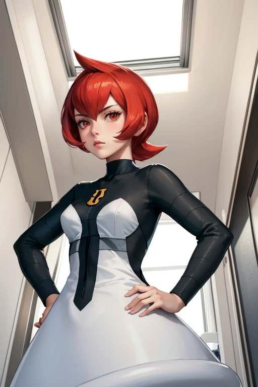 masterpiece, best quality,   <lora:pkmnmars-nvwls-v1:0.9> pkmnmars, black and white dress, long sleeves, hallway, science fiction, white theme, laboratory, looking at viewer, furrowed brow, from below, hands to hips