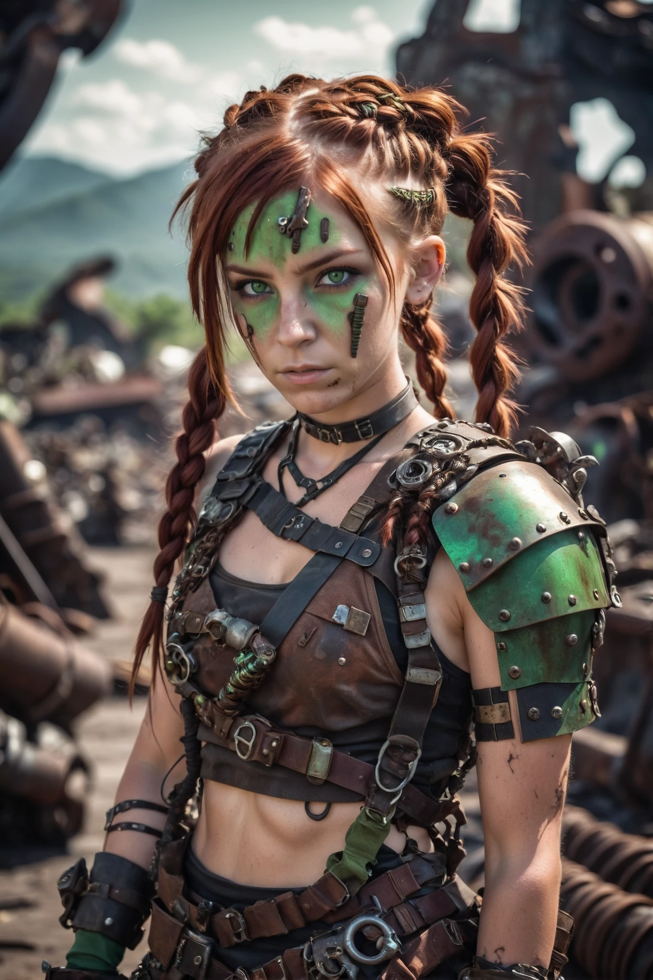 photograph, cinematic color grading, post apocalyptic, scrap metal, 1girl, solo, auburn hair with green highlights, french braids, dragon mage, Costa Rican, morning, scenery, "at the Rusty Cosmic Aeon"<lora:EnvyWastelandWarriorXL01:0.85>