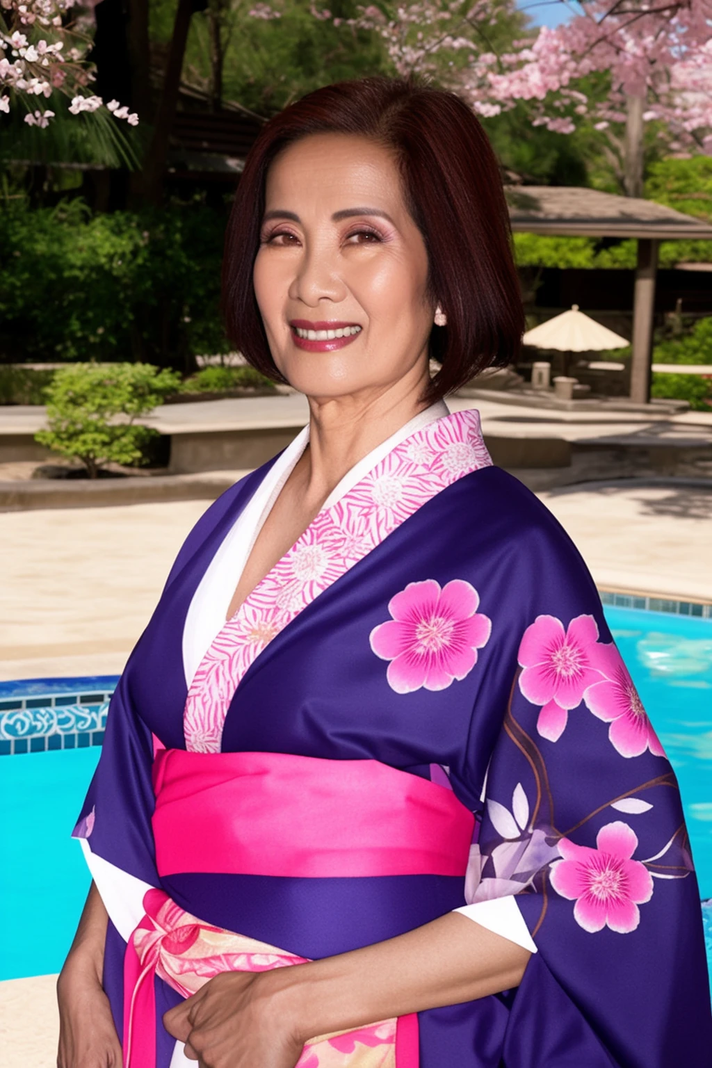 <lora:KimAnh:1> portrait of kimanh, 60 years old, kimono, pool, sakura, best quality, highly detailed