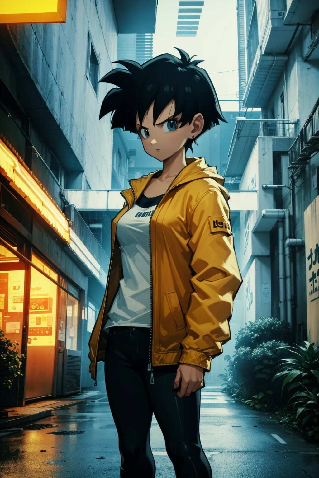 masterpiece, best quality, 1girl, videl, black hair, short hair, blue eyes, jacket, pants, serious, looking at viewer, solo, cyberpunk, solo, neon light, night, cyberpunk city background <lora:Videl:1> <lora:WangxiNAI:1>