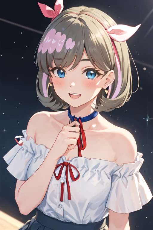 best quality, masterpiece, highres, solo, {tang_keke_lovelivesuperstar:1.15}, short_hair, bangs, blue_eyes, grey_hair, smile, blush, ribbon, neck_ribbon, red_ribbon, 1girl, collarbone, looking_at_viewer, off-shoulder_shirt, off_shoulder, open_mouth, shirt, yellow_shirt, teeth, v, multicolored_hair, bare_shoulders, heart, simple_background, upper_body, upper_teeth_only