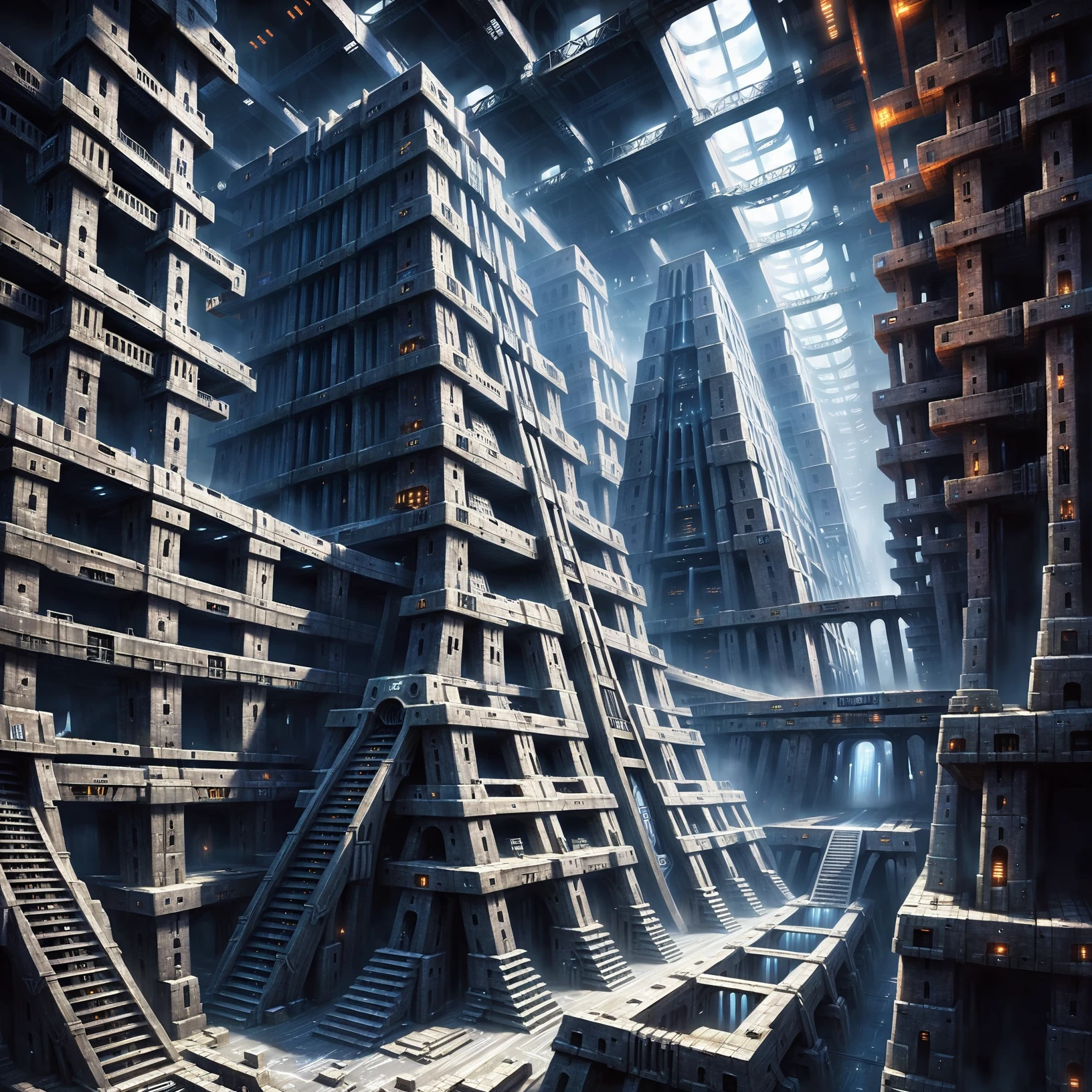 fantasy, creepy warehouse in a ghostly scifi sprawling megastructure at the beginning of reality, masterpiece, by Juhani Jokinen<lora:EnvyBetterHiresFixXL01:0:hr=1><lora:EnvyAztecArchitectureXL01:1>