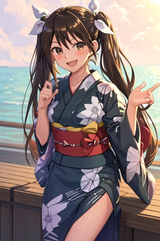 best quality, masterpiece, highres, solo, {yukata:1.40}, {kimono:1.20}, {tone_kantaicollection:1.15}, long_hair, twintails, ribbon, hair_ribbon, brown_hair, white_ribbon, brown_eyes, hair_between_eyes, blush, smile, open_mouth, bow