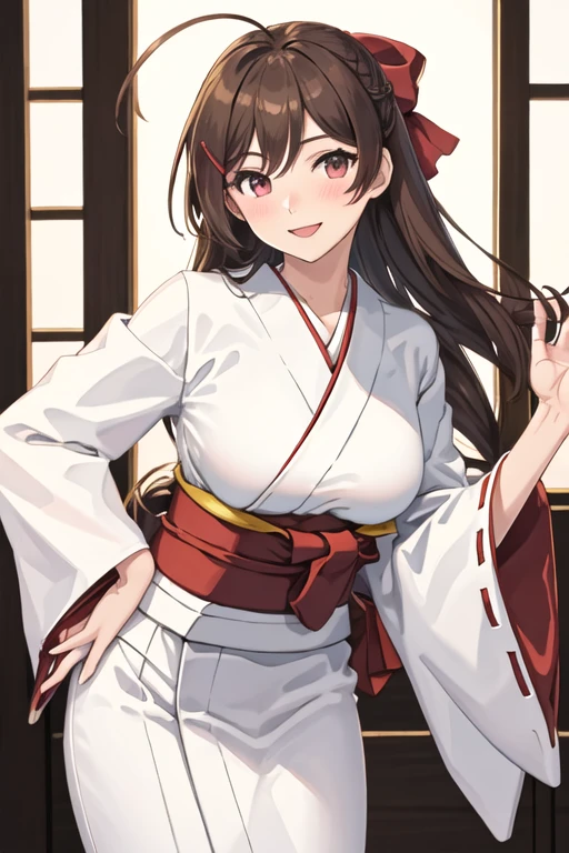 best quality, masterpiece, highres, solo, {white kimono:1.35}, {red hakama:1.35}, {wide sleeves:1.20}, {mamiya_kantaicollection:1.15}, brown_hair, long_hair, ribbon, hair_ornament, hairclip, hair_ribbon, ahoge, breasts, large_breasts, smile, blush, red_eyes, purple_eyes