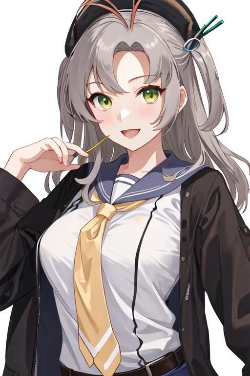 best quality, masterpiece, highres, solo, {kinugasa_kantaicollection:1.15}, green_eyes, grey_hair, antenna_hair, long_hair, breasts, smile, hair_tie, 1girl, bangs, looking_at_viewer, alternate_costume, shirt, one_side_up, open_mouth, simple_background, upper_body, yellow_shirt, long_sleeves, white_background