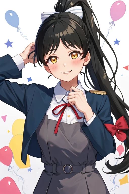 best quality, masterpiece, highres, solo, {hazuki_ren_lovelivesuperstar:1.15}, long_hair, bangs, yellow_eyes, black_hair, ponytail, high_ponytail, smile, blush, shiny_hair, birthday, ribbon, bow, breasts, hair_bow, 1girl, blue_jacket, dress, jacket, looking_at_viewer, neck_ribbon, open_jacket, red_ribbon, school_uniform, upper_body, yuigaoka_school_uniform, grey_dress, open_clothes, pinafore_dress, shiny