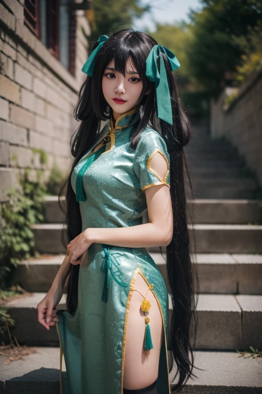 ltra-detailed,highly detailed,best quality,masterpiece,illustration,realistic,photorealistic,
sunshangxiang,qipao, 1girl, solo, cosplay, upper body,
chinese clothes, china dress, thighhighs,
aqua dress, side slit, short sleeves, clothing cutout, tassel,
twintails, very long hair, hair ribbon, bangs,
looking at viewer, standing,
photo background, outdoors, tree, stairs, day,
<lora:sunshangxiang qipao_v1_06:0.6>
