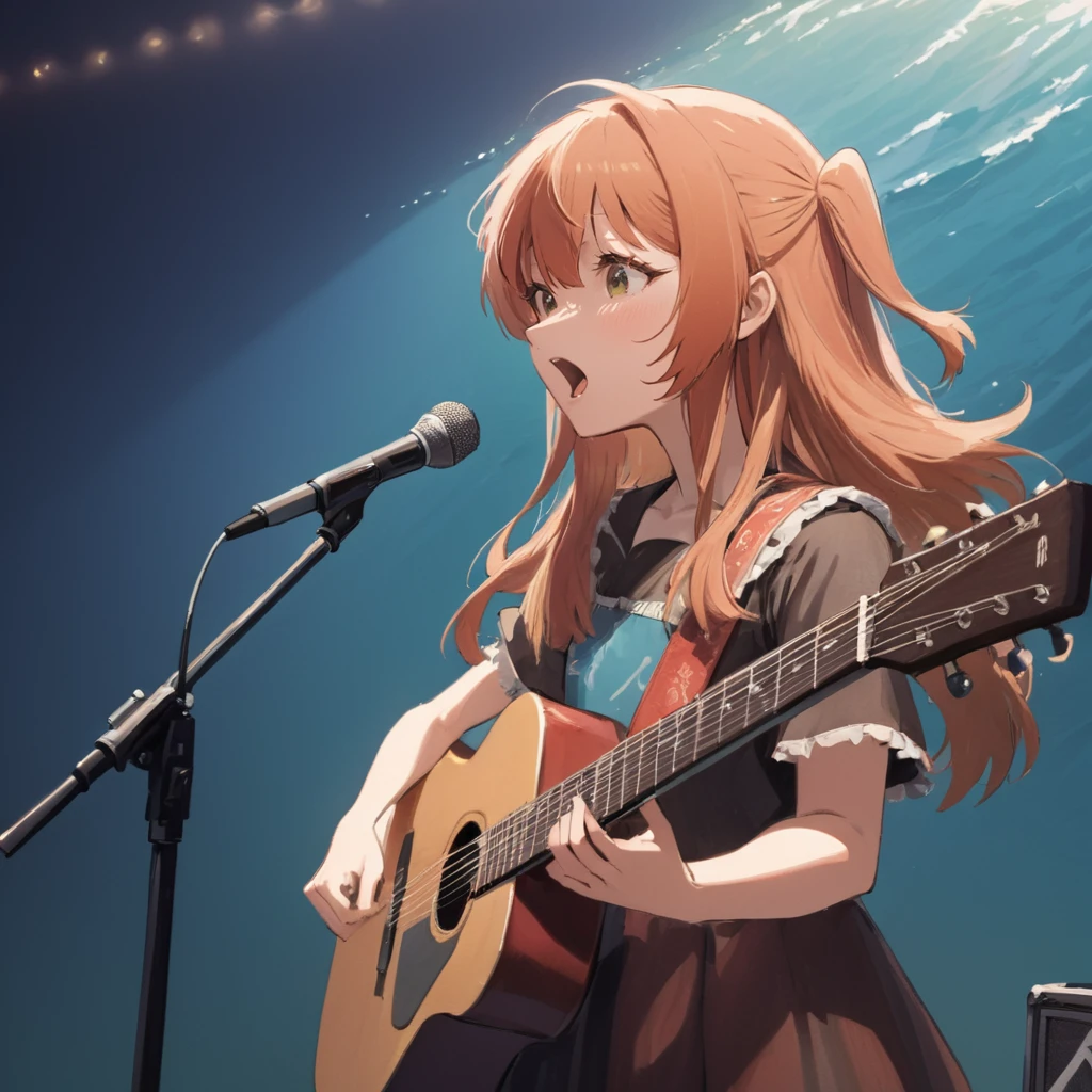 A masterpiece digital art, anime style, a portrait of a girl standing by ocean Kita Ikuyo, long hair, singing with a guitar on stage <lora:kita_xl-000021:1>