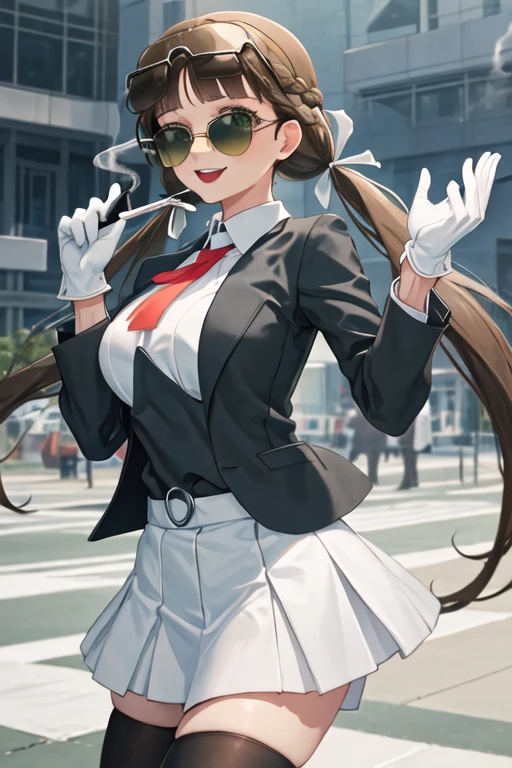 best quality, masterpiece, highres, solo, {black business suit:1.40}, {tie:1.20}, {sunglasses:1.25}, {white gloves:1.15}, {white shirt:1.10}, {black skirt:1.15}, {smoking:1.20}, handsome, {sakurakouji_kinako_lovelivesuperstar:1.15}, bangs, brown_hair, long_hair, green_eyes, twintails, low_twintails, blunt_bangs, smile, braid, blush, ribbon, open_mouth, breasts, hair_ribbon