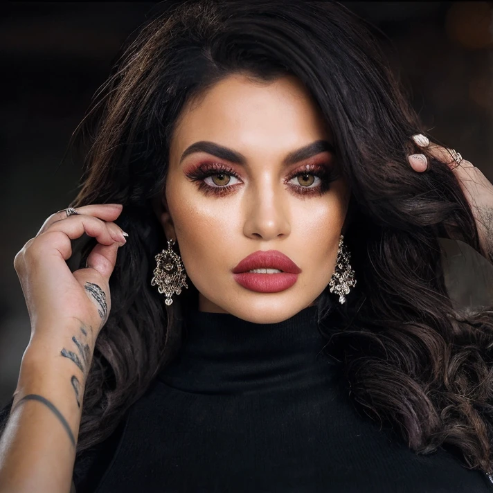 (masterpiece:1.2), (best quality,:1.2), 8k, HDR, ultra detailed, ((photorealistic)), professional light, cinematic lighting, fashion photography, ambient lighting, face lighting, Toochie, <lora:Toochie-10:1>, earrings, choker, dark makeup, lipstick, long and wild and messy hair, ((portrait shot)), dynamic pose, <lora:detail_slider_v4:2>, OverallDetail, fhanddetail:1.4, ffacedetail:1.4, skindetail, hairdetail, looking at viewer, epiCPhoto, turtleneck pullover, tattoos
