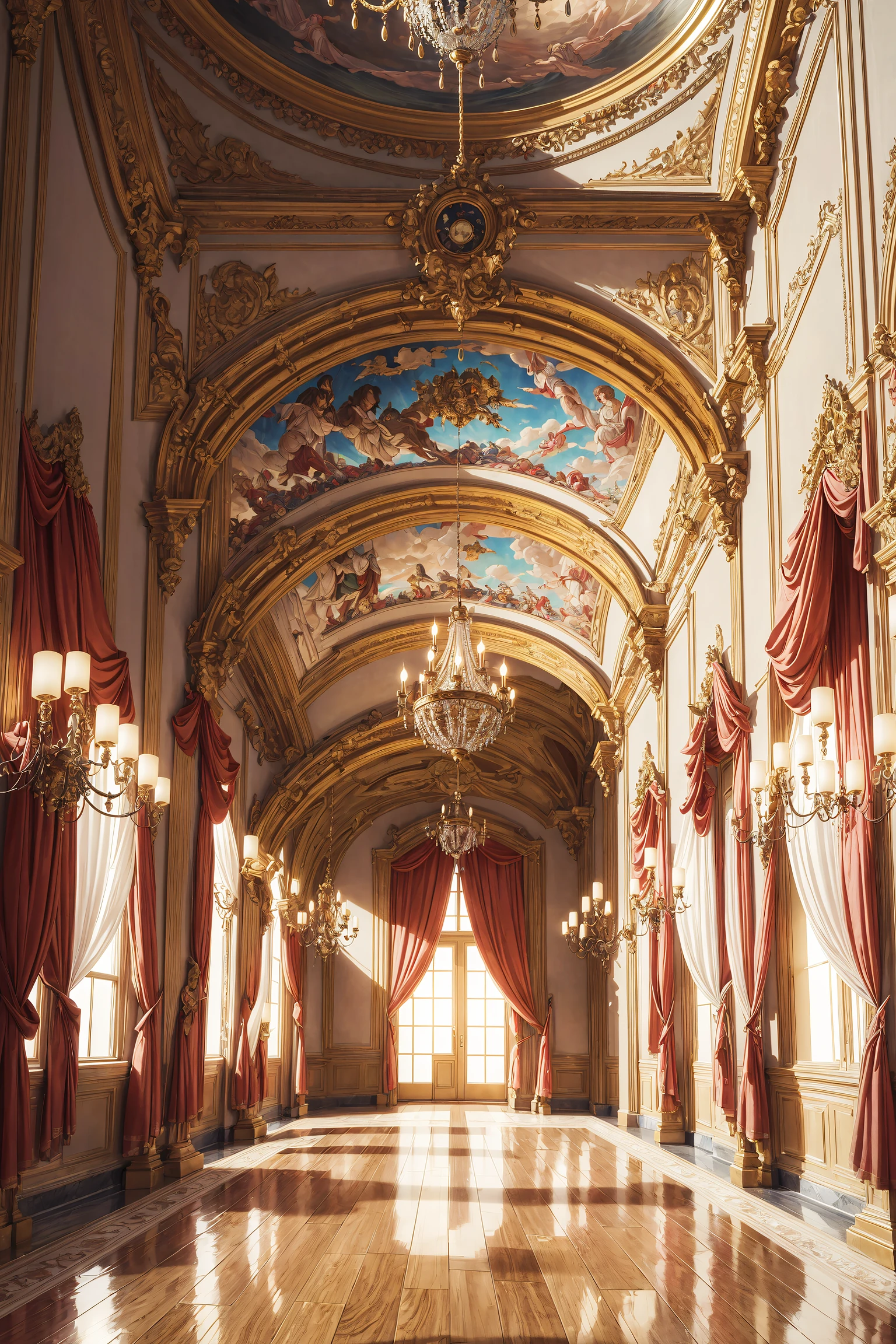 (masterpiece, best quality:1.4), extremely detailed, 8k, uhd, ultra highres, photorealistic, Interior of a large royal palace, huge big hall, no people, beautiful surreal interior lighting, intricate decorations, beautiful white curtains, large chandelier lights hanging from the ceiling, extremely luxurious, warm colors, hyper-detailed, raytracing, <lora:add_detail:0.500000>