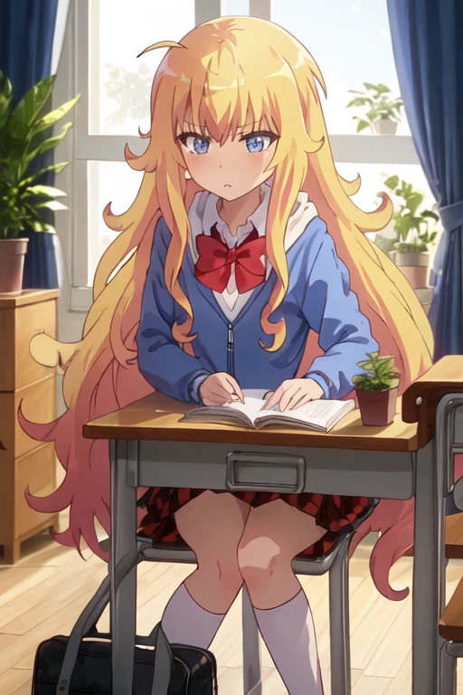 best quality, masterpiece, highres, solo, {gabriel_tenma_white_gabrieldropout:1.15}, blonde_hair, long_hair, blue_eyes, ahoge, messy_hair, bow, looking_at_viewer, multiple_girls, school_uniform, solo_focus, 2girls, bowtie, red_bow, curtains, hoodie, plant, potted_plant, shirt, window