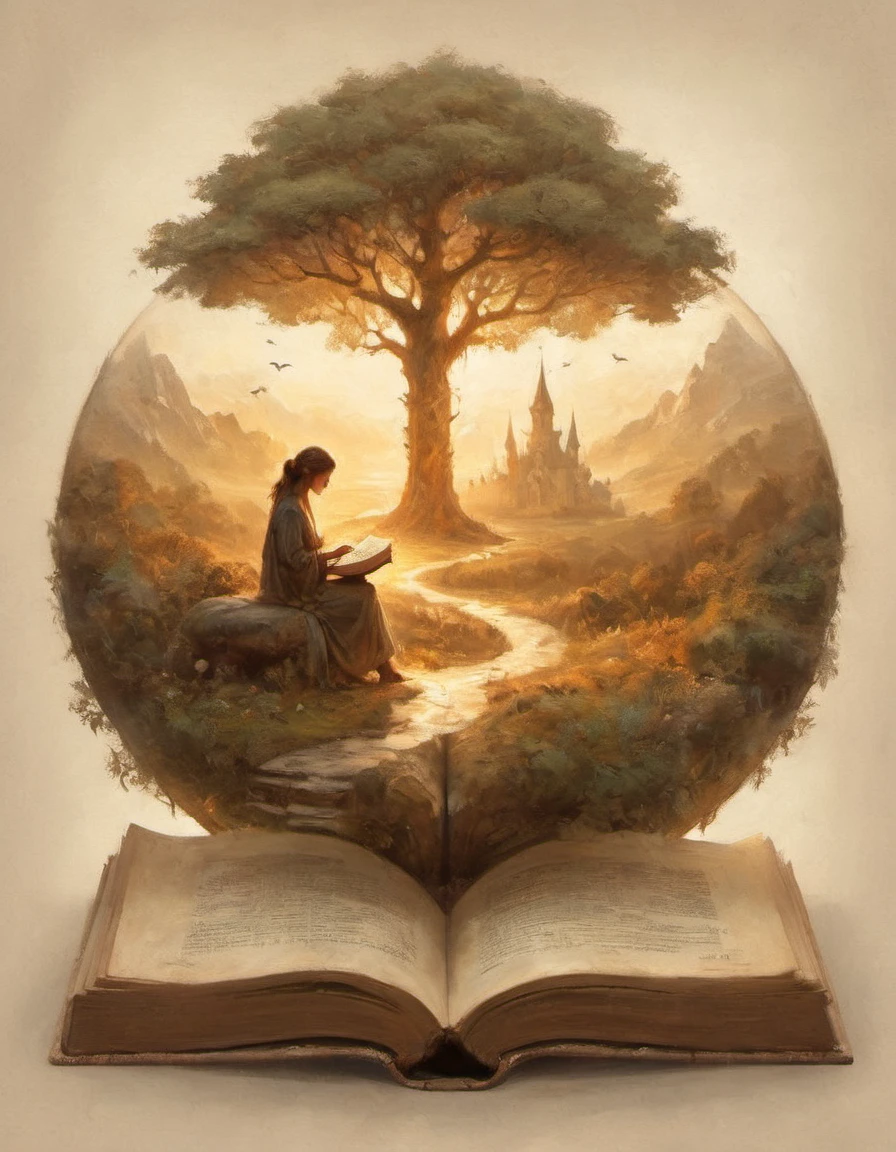 Hyperreal digital art style, "Fairytale", fantasy world coming out of centered book, open book, hyperdetailed double exposure fantasy illustration, masterpiece, cinematic, by Andreas Lie, Luke Gram, photorealism, backlit, gorgeous light