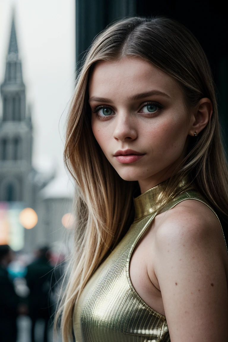 photo of (abb3yl33-135:0.99), a beautiful woman, closeup portrait, perfect hair, (modern photo, Green Screen Color pant suit), 24mm, (analog, cinematic, film grain:1.3), (A snowy Russian onion-domed cathedral:1.2), detailed eyes, (seductive pose), (epicPhoto), (looking at viewer), (CINEMATIC SHOT:1.4), vibrant colors, PA7_Portrait-MCU
