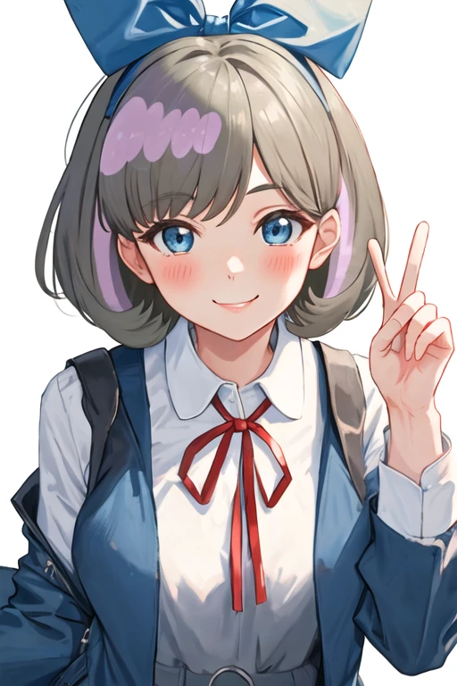 best quality, masterpiece, highres, solo, {tang_keke_lovelivesuperstar:1.15}, short_hair, bangs, blue_eyes, grey_hair, smile, blush, ribbon, neck_ribbon, red_ribbon, 1girl, collared_shirt, looking_at_viewer, portrait, school_uniform, shirt, white_shirt, yuigaoka_school_uniform, simple_background, upper_body, white_background, blue_jacket, jacket, shiny_hair, v, multicolored_hair