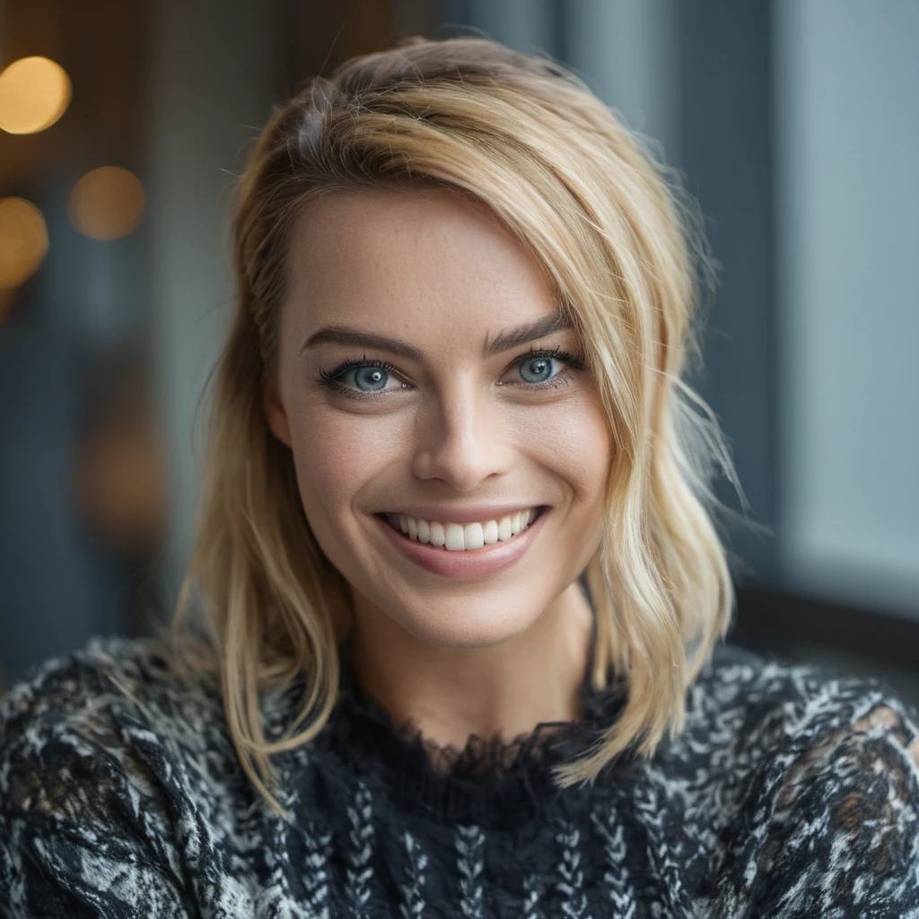 High res portrait photo of a stunning woman, f /2.8, Canon, 85mm,cinematic, high quality, skin texture, looking at the camera,<lora:marobbie_xl_1_standard_merge_36_61_09_03_06_01:1>, smiling