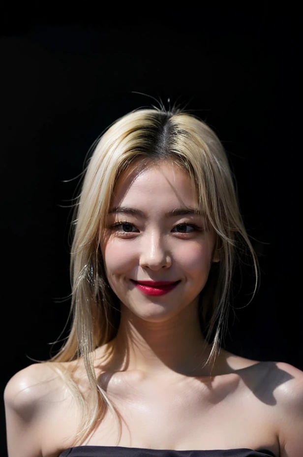 Best quality, masterpiece, ultra high res, (photorealistic:1.4), (extremely detailed eyes), ((strapless)), raw photo, covered chest, 1girl, solo, realistic, (looking at viewer), upper body, (((plain pitch black background:1.5))), bare shoulders, smile, (((long white blonde hair))), <lora:lialorashyv1_5:1>