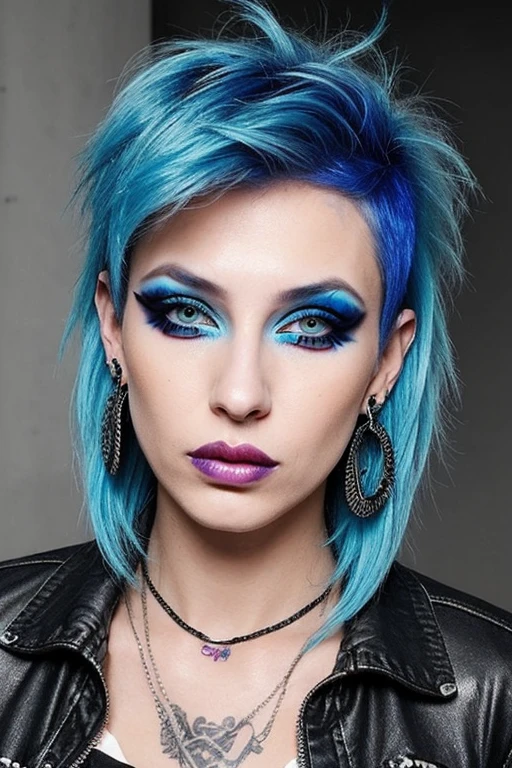 woman, blue hair, punk, torn clothes, makeup, earrings, crazy hair,