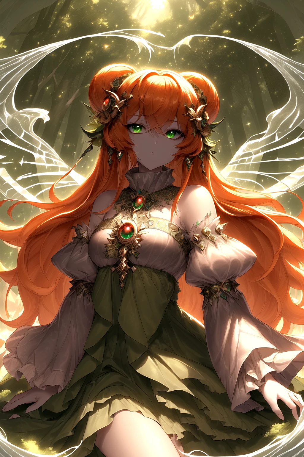 ((ultra detailed, masterpiece, absurdres)) 1girl, solo, orange hair, green eyes, Deep in a mystical forest, surrounded by ancient ruins, wearing an ethereal, flowing gown, with arms folded <lora:ral-dreamguardian-sd15:1> ral-dreamguardian