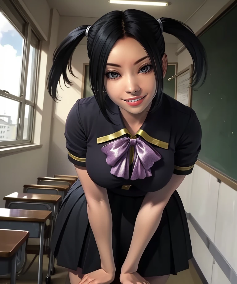 Kurusu,black hair,bangs,long twintails,black eyes,
black school uniform,short sleeves,black skirt,leaning forward,smile,teeth,
standing,upper body,
classroom,
(insanely detailed, beautiful detailed face, masterpiece, best quality),solo,<lora:Kurusu-11UmeV7:0.7>,