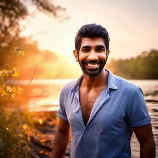 (intricate detail, beautiful/handsome:1.2) ,Friarmoody lighting, close up portrait of Sendhil Ramamurthy a man <lora:Jasprit-Bumrah_Sendhil-Ramamurthy:0.8>, Sexy Country Style, bathing in a river, roots, (backlighting) , realistic, masterpiece, highest quality, lens flare, shade, bloom, [[chromatic aberration]], by Jeremy Lipking, by Antonio J. Manzanedo, digital painting, Skin Shine,Shiny Skin,Luscious skin, Smile,Chaos mode,unique details,full body