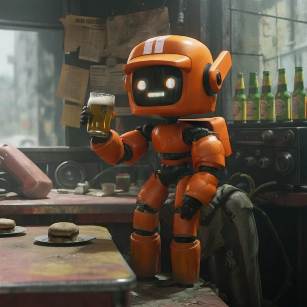 an orange robot, drinking beer in a postapocalyptic pub, highly detailed, photography, ultra sharp, film, professional, 64k <lora:add-detail-xl:1.5> <lora:Orange Robot1024:0.8>