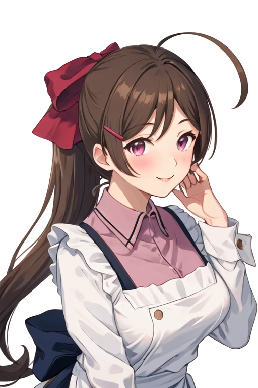 best quality, masterpiece, highres, solo, {mamiya_kantaicollection:1.15}, brown_hair, long_hair, ribbon, hair_ornament, hairclip, hair_ribbon, ahoge, breasts, large_breasts, smile, blush, red_eyes, purple_eyes, 1girl, apron, kappougi, looking_at_viewer, shirt, pink_shirt, white_background, upper_body, simple_background, bow, one-hour_drawing_challenge, ponytail