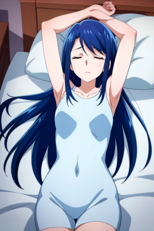 (Masterpiece), Best Quality, ultra-detailed, 1girl( marinette, naked body, blue hair, semi-long hair, closed  eyes, empty eye), a pained face, screams of pained,open mouth, Saliva, head tilt, solo, nude,facing viewer, looking at viewer,  in the bedroom, night time,on the bed, lie down, lying, , spread legs, spread arms,  1boy, waist grab, sex,hetero, lying sex, sex from front, pussy, penis, cumdrip from her pussy, top view 