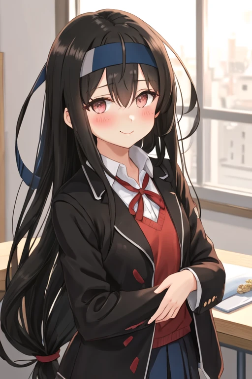 best quality, masterpiece, highres, solo, {hatsushimo_kantaicollection:1.15}, black_hair, long_hair, headband, red_eyes, blush, blazer, blue_headband, hair_between_eyes, low-tied_long_hair, brown_eyes, 1girl, jacket, looking_at_viewer, school_uniform, upper_body, smile