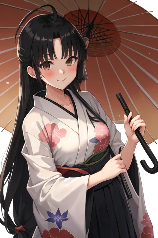 best quality, masterpiece, highres, solo, {shouhou_kantaicollection:1.15}, long_hair, black_hair, brown_eyes, ahoge, smile, blush, breasts, 1girl, japanese_clothes, oil-paper_umbrella, umbrella, upper_body, holding, holding_umbrella, kimono, looking_at_viewer, bangs